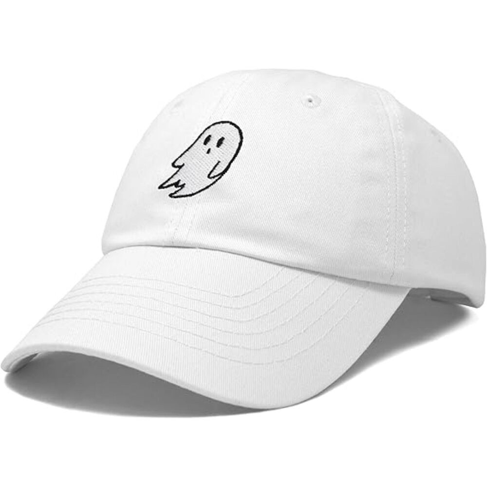 Unisex White 100%Cotton Ghost Embroidered Adjustable Buckle Classic Baseball Cap